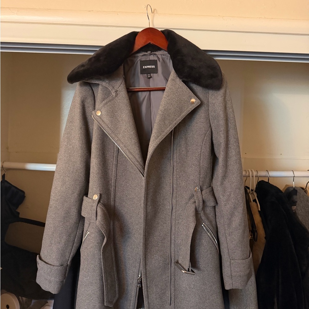 Express Gray Trench Coat with Black Collar